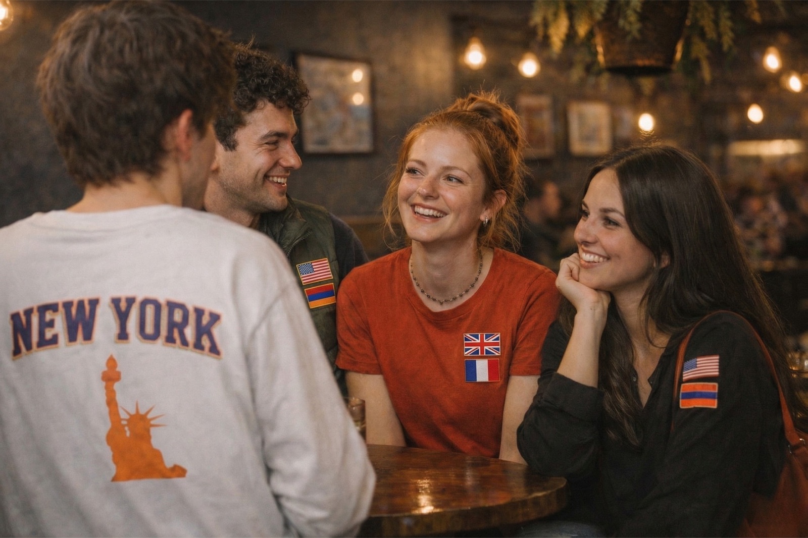 Friends laughing at a bar, wearing language flags on their clothes